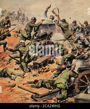 I World War (1914-1918). German troops attacking the Italian artillery. Illustration by Achille Beltrame (1871-1945). La Domenica del Corriere, 1917. Stock Photo