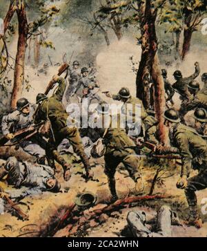 First World War (1914-1918). The successful counterattack of the Italian troops in the Ardre river valley, France. Illustration by Achille Beltrame (1871-1945). La Domenica del Corriere, 1918. Stock Photo