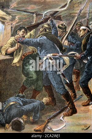 First World War (1914-1918). Destruction of the mill. Engraving. Later colouration. Stock Photo