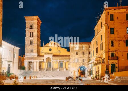 Terracina, Italy. Tower Of Cathedral Of San Cesareo In Night Time. It Built On Podium Of Temple Of Roma And Augustus.