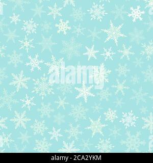 Christmas seamless pattern of snowflakes, white on light blue background. Stock Vector