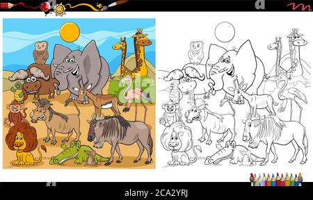 Cartoon Illustration of Wild Animal Characters Big Group Coloring Book Page Stock Vector