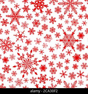 Christmas seamless pattern of snowflakes, red on white background. Stock Vector