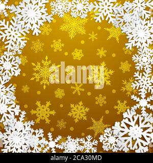 Christmas illustration with circle frame of white snowflakes on golden background Stock Vector