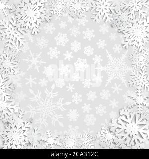 Christmas illustration with circle frame of white snowflakes on gray background Stock Vector
