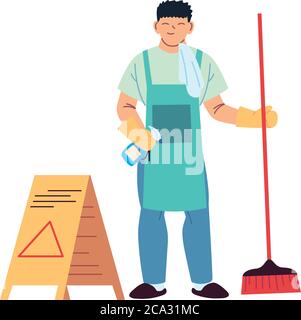 cleaning service man with gloves and cleaning utensils vector illustration design Stock Vector