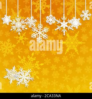 Christmas illustration with white hanging snowflakes on yellow background Stock Vector