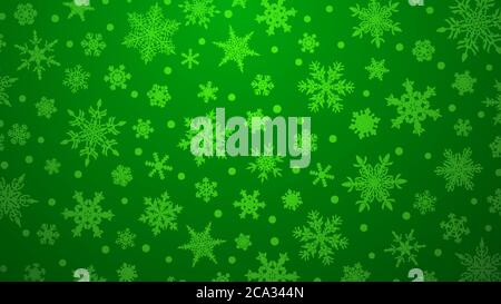 Christmas illustration with various small snowflakes on gradient background in green colors Stock Vector