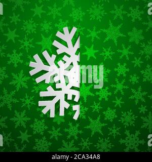 Christmas illustration with one white big snowflake which protrudes from the cut on a snowy background in green colors Stock Vector