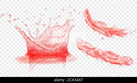 Set of translucent water crown with drops and two splashes or jets in red colors, isolated on transparent background. Transparency only in vector form Stock Vector
