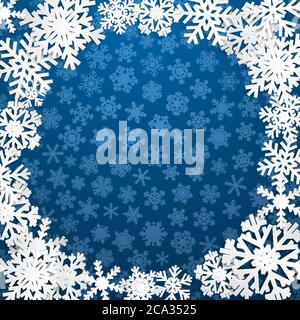Christmas illustration with circle frame of white snowflakes on blue background Stock Vector