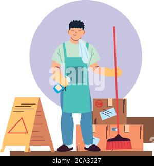 cleaning service man with gloves, cleaning utensils and boxes vector illustration design Stock Vector