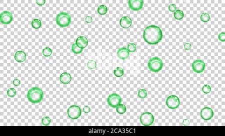Translucent bubbles or water drops of different sizes in green colors on transparent background. Transparency only in vector format Stock Vector