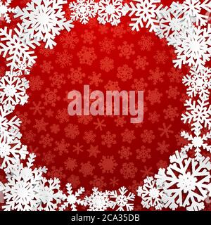 Christmas illustration with circle frame of white snowflakes on red background Stock Vector