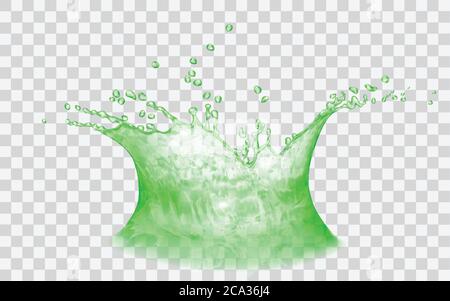 Translucent water crown with drops. Splash in green colors, isolated on transparent backdrop. For used on light backgrounds. Transparency only in vect Stock Vector