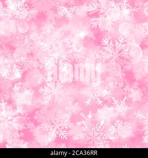 Christmas seamless pattern with white blurred snowflakes, glare and sparkles on pink background Stock Vector