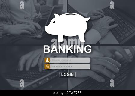 Banking concept illustrated by pictures on background Stock Photo