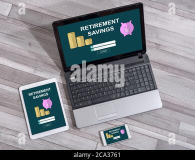 Retirement savings concept shown on different information technology devices Stock Photo