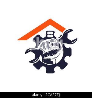 Home and Construction design logo with a wrench nad  inside a gear for carpenters, electricians and other related repair and renovation services Stock Vector