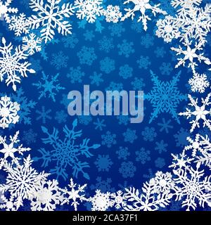 Christmas illustration with circle frame of big white snowflakes with shadows on blue background Stock Vector
