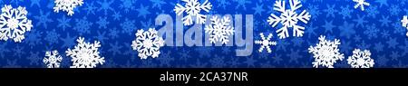 Christmas seamless banner with white snowflakes with shadows on blue background Stock Vector