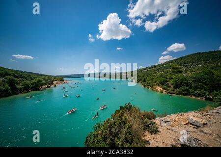View over famous Lake Sainte Croix in the French Alpes at Verdon Canyon.