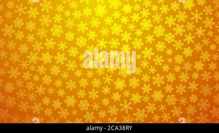 Christmas illustration with various small snowflakes on gradient background in yellow colors Stock Vector