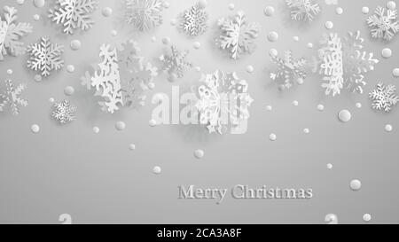 Christmas illustration with white three-dimensional paper snowflakes on gray background Stock Vector
