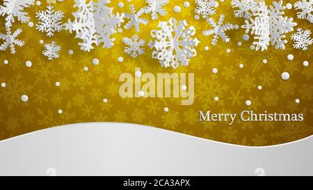 Christmas illustration with white three-dimensional paper snowflakes on yellow background with snowdrifts Stock Vector