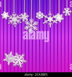 Christmas illustration with white hanging snowflakes on striped purple background Stock Vector