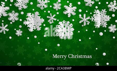 Christmas illustration with white three-dimensional paper snowflakes on green background Stock Vector