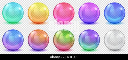 Set of translucent colored spheres with glares and shadows on transparent background. Transparency only in vector format Stock Vector