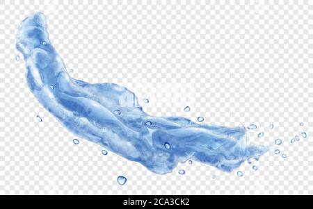 Translucent splash or jet of water with drops in blue colors, isolated on transparent background. Transparency only in vector file Stock Vector