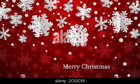Christmas illustration with white three-dimensional paper snowflakes on red background Stock Vector