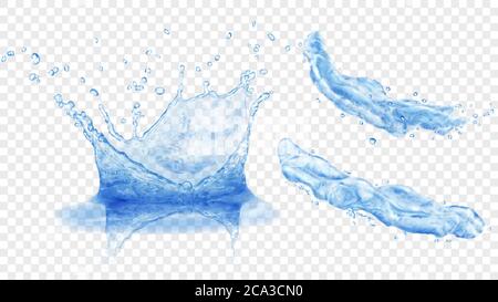 Set of translucent water crown with drops and two splashes or jets in blue colors, isolated on transparent background. Transparency only in vector for Stock Vector