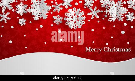 Christmas illustration with white three-dimensional paper snowflakes on red background with snowdrifts Stock Vector