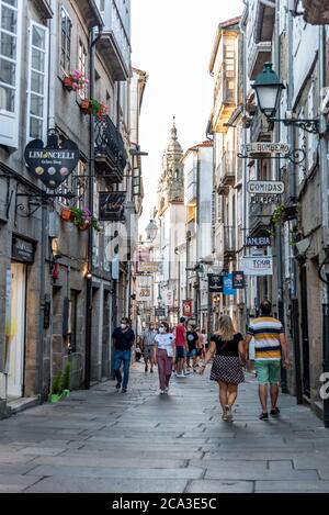 Santiago de Compostela, Spain - July 18, 2020: People in Rua do Franco street in historic centre. It is the street of wines and tapas in Santiago Stock Photo