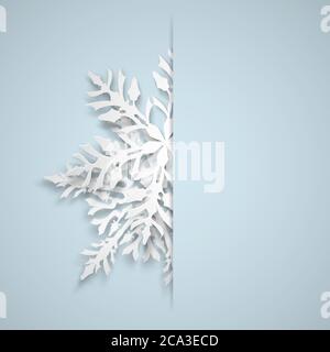 Christmas illustration with white big snowflakes which protrudes from the cut on a light blue background Stock Vector