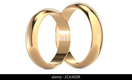 3D rendering illustration of Two golden wedding rings isolated on white. Wedding and marriage concept.  Stock Photo