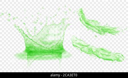 Set of translucent water crown with drops and two splashes or jets in green colors, isolated on transparent background. Transparency only in vector fo Stock Vector