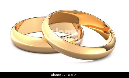 Two golden weddings rings as a symbol of marriage and wedding. 3D rendering illustration of gold rings isolated white background. Stock Photo