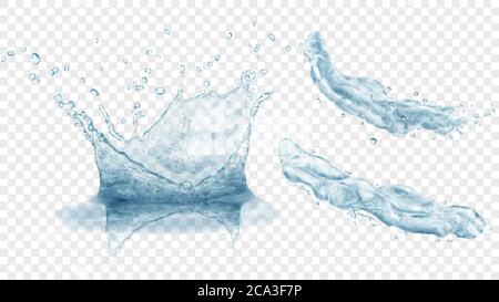 Set of translucent water crown with drops and two splashes or jets in gray colors, isolated on transparent background. Transparency only in vector for Stock Vector