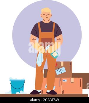 cleaning service man with gloves, cleaning utensils and boxes vector illustration design Stock Vector
