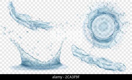 Top view and side view of translucent water crowns with drops and two splashes or jets in gray colors, isolated on transparent background. Transparenc Stock Vector