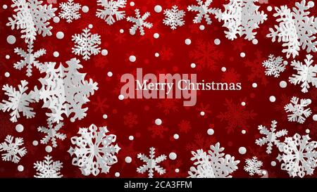 Christmas illustration with white three-dimensional paper snowflakes on red background Stock Vector
