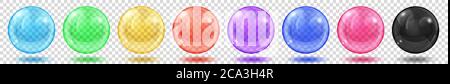 Set of translucent colored spheres with glares and shadows on transparent background. Transparency only in vector format Stock Vector