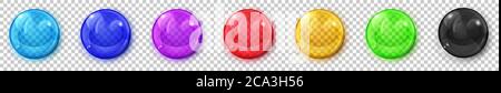 Set of translucent colored spheres with glares and shadows on transparent background. Transparency only in vector format Stock Vector