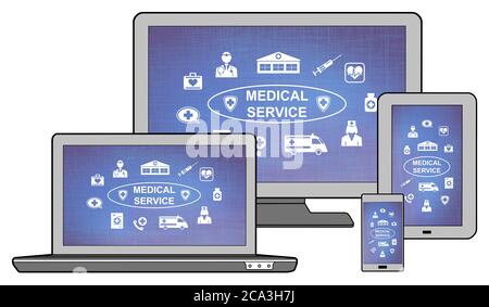 Medical service concept shown on different information technology devices Stock Photo
