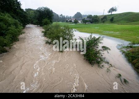 Frasdorf, Germany. 04th Aug, 2020. The Prien near Frasdorf has turned into a torrential river after heavy continuous rain and has partly overflowed its banks. Credit: Matthias Balk/dpa/Alamy Live News Stock Photo