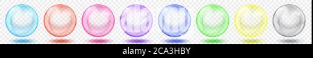 Set of translucent colored spheres with glares and shadows on transparent background. Transparency only in vector format Stock Vector